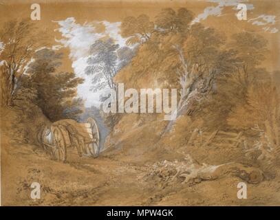 Waldlandschaft mit ein Bauernjunge schlafend in einer Karre, 18. Artist: Thomas Gainsborough. Stockfoto