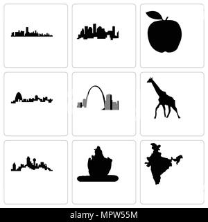 Satz von 9 einfache editierbare Ikonen wie Indien Karte, Lord Shiva, Dallas, Giraffe, Missouri, Apple, Houston, Florida, können für mobile, Web verwendet werden. Stock Vektor