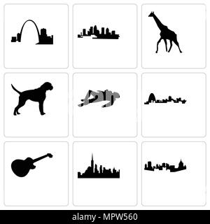 Satz von 9 einfache editierbare Ikonen wie Pittsburgh, New York City, Bild Les Paul, Missouri, Tatort Körper, Boxer Hund, Giraffe, Florida, können für mobil verwendet werden. Stock Vektor