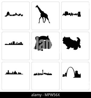 Satz von 9 einfache editierbare Symbole wie Missouri, Las Vegas, Houston, Shih Tzu, Jaguar Gesicht, South Carolina, Giraffe, für mobile verwendet werden können, Web Stock Vektor