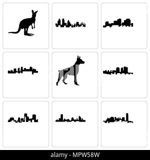 Satz von 9 einfache editierbare Ikonen wie Oklahoma, Wisconsin, Louisiana, Haiti, Dobermann, Arkansas, London, Känguru, können für mobile, Web verwendet werden. Stock Vektor