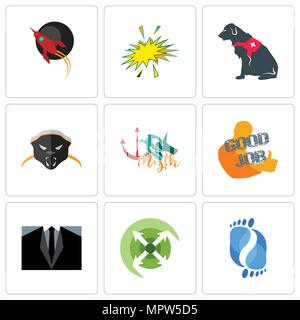Satz von 9 einfache editierbare Ikonen wie die podologie, Ausfahren, Dress Code, guter Job, Mythos, Honigdachs, service Hund, Starburst, Rakete, können für mob verwendet werden. Stock Vektor
