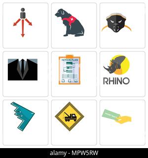 Satz von 9 einfache editierbare Ikonen wie Geld-zurück-Garantie, Abschleppen, Stealth Bomber, Rhino, Aktionsplan, Dress Code, Honigdachs, service Hund, approa Stock Vektor