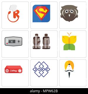 Satz von 9 einfache editierbare Ikonen wie Sikh, Generic, Catering, buterfly, Autositz, Thermostat, Owl, s, Restaurant, können für mobile, Web verwendet werden. Stock Vektor
