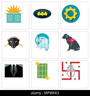 Satz von 9 einfache editierbare Ikonen wie Jain, Tennisplatz, Dress Code, service Hund, Adler, Honigdachs, transparente Gang, bat, Sonntagsschule, Ca Stock Vektor