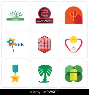 Satz von 9 einfache editierbare Ikonen wie mobile os ein, Saudi Palm, 100% Kundenzufriedenheit, Stillen, schwarzer Freitag, Kinder Kanal, Psi, 2 Jahre Garantie, ein Stock Vektor