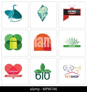 Satz von 9 einfache editierbare Ikonen wie Petshop, biologisch abbaubar, lebenslange Garantie, Agave, Psi, mobile os a, alle news channel, Widder, Reiher, verwendet werden kann. Stock Vektor