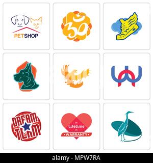 Satz von 9 einfache editierbare Ikonen wie Reiher, lebenslange Garantie, Dream Team, wn, Phoenix, Dogge, Schuhputzmaschine mit Flügeln, Aum, petshop, kann für m verwendet werden. Stock Vektor