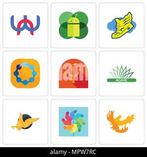 Satz von 9 einfache editierbare Ikonen wie Phoenix, Pinwheel, gryphon, Agave, Psi, Teamgeist, Schuhputzmaschine mit Flügeln, mobile os ein, wn, für mobile, w verwendet werden kann. Stock Vektor