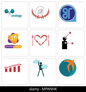Satz von 9 einfache editierbare Symbole wie Swift, Ehrgeiz, hohe Leistung, Symptome, Appetit, 3-jährigen Jubiläum, äh, Pirat, Urologie, können für Mo verwendet werden. Stock Vektor