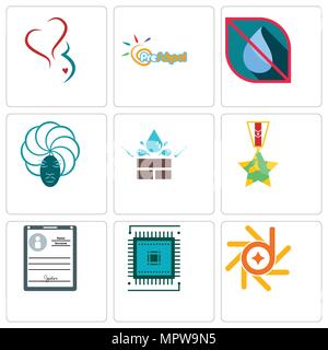 Satz von 9 einfache editierbare Ikonen wie d-star, Sem, persönliche Details, Veteran, wasserdicht, Göttin, kein Wasser, Vorschule, Gynäkologie, können verwendet werden. Stock Vektor