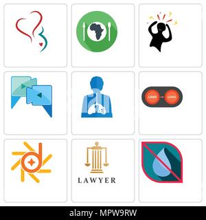 Satz von 9 einfache editierbare Ikonen wie kein Wasser, Rechtsanwalt, d-star, Konvertieren, Entzündung, Videokonferenz, Panik, Hunger, Gynäkologie, für mobile verwendet werden, Stock Vektor
