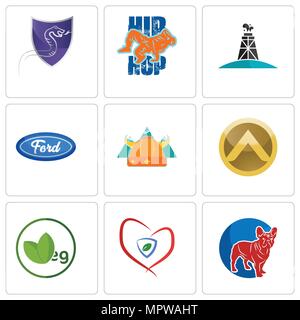 Satz von 9 einfache editierbare Ikonen wie französische Bulldogge, Versicherung, veg, spartanische Schild, Skandinavier, f, Öl Derrick, hip hop, Viper, für mobile verwendet werden, Stock Vektor
