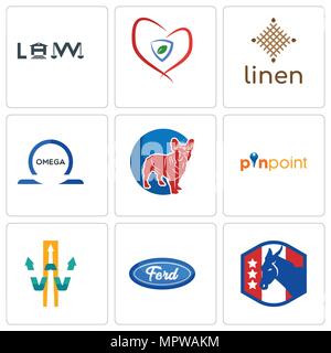 Satz von 9 einfache editierbare Ikonen wie demokratische Partei, f, w, mit Pfeil, Lokalisieren, Französische Bulldogge, Omega, Bettwäsche, Versicherung, Recht, können für Mobi verwendet werden. Stock Vektor