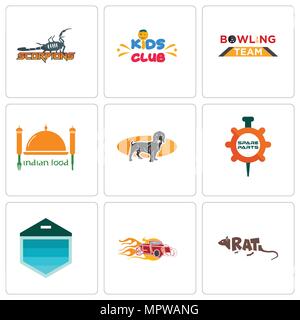 Satz von 9 einfache editierbare Ikonen wie Ratte, Hot rod, Garagentor, Ersatzteile, Dackel, indisches Essen, Bowling Team, Kids Club, Skorpione, können verwendet werden. Stock Vektor