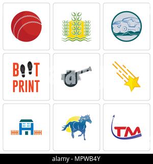 Satz von 9 einfache editierbare Ikonen wie Marke, mustang Maskottchen, h Haus, Shooting Stars, Cannon, Boot drucken, Offroad, Paddy, Cricket ball, kann uns Stock Vektor