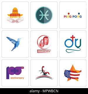 Satz von 9 einfache editierbare Ikonen wie USA Landkarte, Scorpion, 100-jähriges Jubiläum, dr., 60. Colibri, Ping Pong, Fische, burrito, können für mobile, Web verwendet werden. Stock Vektor