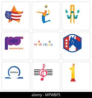 Satz von 9 einfache editierbare Ikonen wie Nr. 1, Violinschlüssel, Omega, demokratische Partei, Ping Pong, 100-jähriges Jubiläum, w mit Pfeil, Volley, USA Landkarte, kann sein Stock Vektor