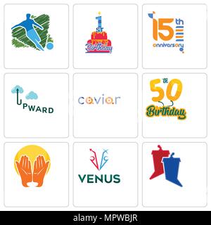 Satz von 9 einfache editierbare Ikonen wie Aussprache, Venus, Gebet Hände, 50. Geburtstag, Kaviar, Nach oben, 15 Jahre, 1. Fußball, können für mob verwendet werden. Stock Vektor