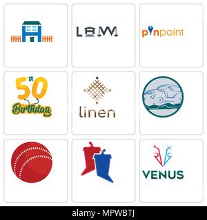 Satz von 9 einfache editierbare Ikonen wie Venus, Aussprache, Cricket ball, Offroad, Bettwäsche, 50. Geburtstag, Lokalisieren, Recht, h Haus, können für mobile, Web verwendet werden. Stock Vektor