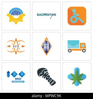 Satz von 9 einfache editierbare Ikonen wie medizinisches Marihuana, Schuhputzmaschine drucken, 100 Jahr Jubiläum, post Auto, Lux, Behinderte, Badminton, Programm Management, Stock Vektor