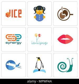 Satz von 9 einfache editierbare Ikonen wie Schnecken, Pinguin, Flugzeug, Lippen, Lollipop, Synergy, Kaffee, Puppe, Würfel, kann für mobile, Web verwendet werden. Stock Vektor
