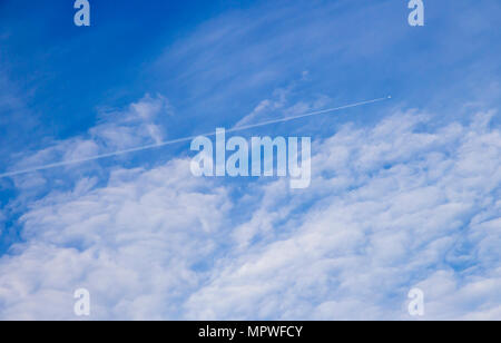 White Trace aus dem Flugzeug in blauer Himmel mit dünnen Wolken Stockfoto