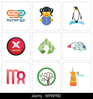 Satz von 9 einfache editierbare Ikonen wie der erste Geburtstag, Olivenbaum, Jungfrau, LKW-Unternehmen, Recycling, Abbruch, Pinguin, Puppe, Synergy, können für Mobi verwendet werden. Stock Vektor