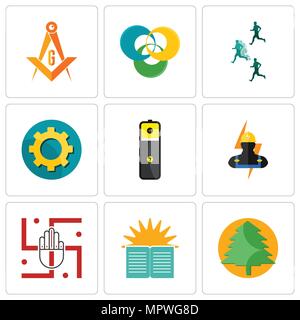 Satz von 9 einfache editierbare Ikonen wie Pinetree, der Sonntagsschule, Jain, Elektriker, Lithiumbatterie, transparente Gang, Wettbewerbsvorteil, triskelio Stock Vektor