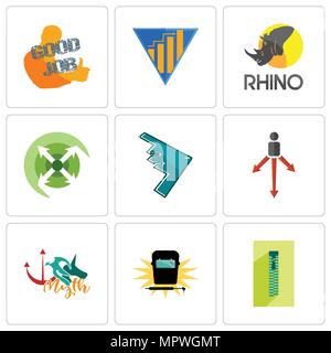 Satz von 9 einfache editierbare Ikonen wie Reißverschluss, Schweißen, Mythos, Ansatz, Stealth Bomber, Ausfahren, Rhino, Ertrag, gute Arbeit, können für mobile, Web verwendet werden. Stock Vektor