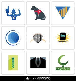 Satz von 9 einfache editierbare Ikonen wie Bismillah, Dress Code, Reißverschluss, Schweißen, Honigdachs, Globus, Ertrag, service Hund, Sport Ventilator, können für Mo verwendet werden. Stock Vektor