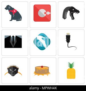 Satz von 9 einfache editierbare Ikonen wie pinapple, Pfannkuchen, Honigdachs, Ethernet, Albatros, Dress Code, Mamba, Ausgang, service Hund, kann für m verwendet werden. Stock Vektor