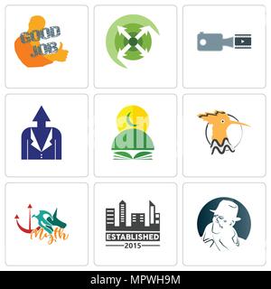 Satz von 9 einfache editierbare Ikonen wie kostenlose Detektiv, etabliert, Mythos, Wiedehopf, Koran, persönliche Entwicklung, Filmmaterial, Ausfahren, guter Job, können verwendet werden. Stock Vektor