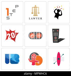Satz von 9 einfache editierbare Ikonen wie Kajak, pirate Maskottchen, Ib, TV-Fernbedienung, Konvertieren, 20% Rabatt, Panik, Rechtsanwalt, Schritt 1, können für mobile, Web verwendet werden. Stock Vektor