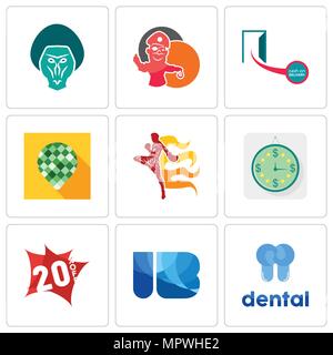 Satz von 9 einfache editierbare Ikonen wie zahnmedizinische, Ib, 20%, Schätzung, Muay Thai, Pine Cone, Nachnahme, pirate Maskottchen, Pavian, kann für m verwendet werden. Stock Vektor