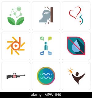 Satz von 9 einfache editierbare Ikonen wie Lucky Draw, Wassermann, Gun Shop, kein Wasser, Kampagnenmanagement, d-star, Gynäkologie, Frustration, Antioxidans, Ca Stock Vektor