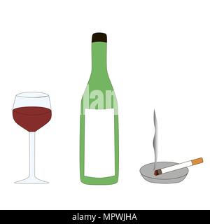 Die Symbole der schlechten Gewohnheiten einer Person sind Alkohol und Zigarette durch einen weißen Hintergrund. Stock Vektor