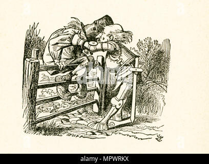 Diese Abbildung eines alten Mannes auf dem Tor Heled, der weiße Ritter, wird von "Durch das Schauen-glas und was Alice dort fand" von Lewis Carroll (Charles Lutwidge Dodgson), die diesen Roman 1871 schrieb als Fortsetzung zu 'Alice im Wunderland'. Stockfoto