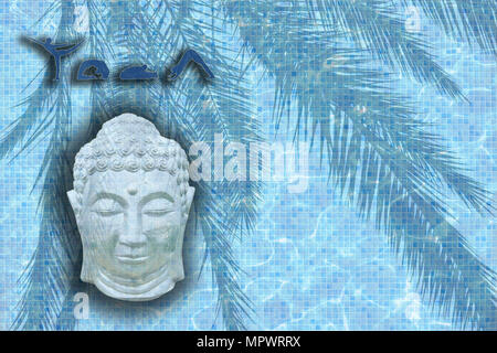 Yoga Wort mit Figuren in Posen und schlafenden Buddha Kopf auf blauen Pool Mosaik Textur Stockfoto