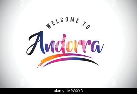 Andorra Willkommen auf Nachricht in Lila dynamischen und modernen Farben Vector Illustration. Stock Vektor