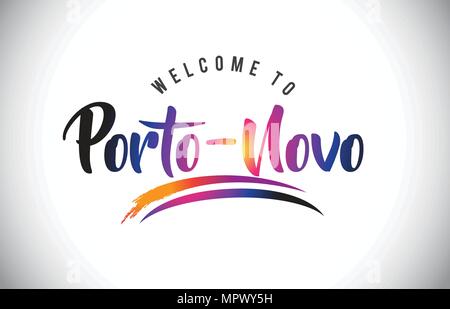 Porto-Novo Willkommen auf Nachricht in Lila dynamischen und modernen Farben Vector Illustration. Stock Vektor