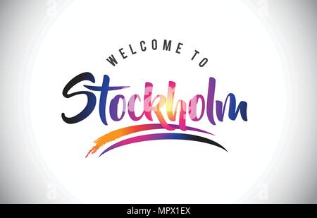 Stockholm Willkommen auf Nachricht in Lila dynamischen und modernen Farben Vector Illustration. Stock Vektor