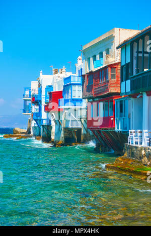 Häuser von Klein Venedig in der Insel Mykonos, Kykladen, Griechenland Stockfoto