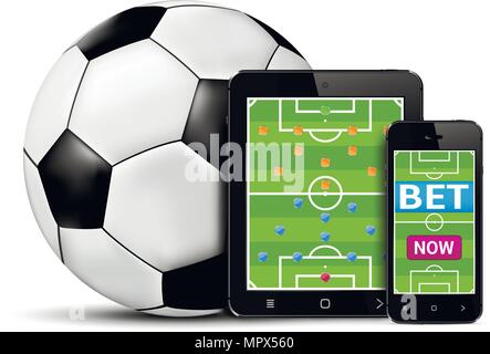 Smartphone und Tablet mit Fußballfeld für Wetten online Konzept. Vector Illustration. Stock Vektor