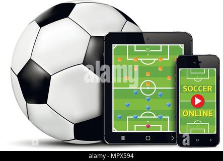 Live Fußball und Fußball online auf Handy und Tablet mit taktischen Schema auf dem Bildschirm. Vector Illustration. Stock Vektor