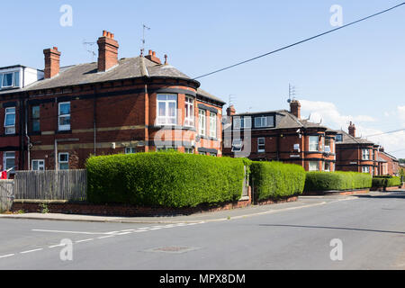 Das große Ende Reihenhäuser mit ungewöhnlichen voller Bauhöhe windowed Buchten auf arthington Street, Leeds. Die Häuser wurden im späten 19. Jahrhundert gebaut. Stockfoto