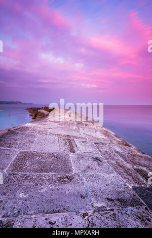 Rosa Wolken am Himmel in der Cobb Hafenmauer in Lyme Regis auf der Jurassic Coast von Dorset bei Sonnenuntergang am 23. Mai 2018. Foto: Graham Hun Stockfoto