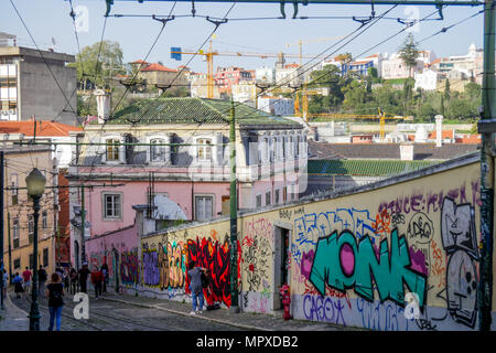 Calçada da Gloria, der oberen Station der Seilbahn EGloria, Bairro Alto, Lissabon, Portugal Stockfoto