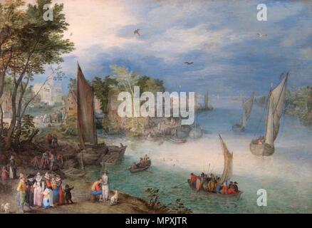"Fluss Szene mit Booten und Zahlen", späten 16. oder frühen 17. Jahrhunderts. Artist: Jan Brueghel der Ältere. Stockfoto