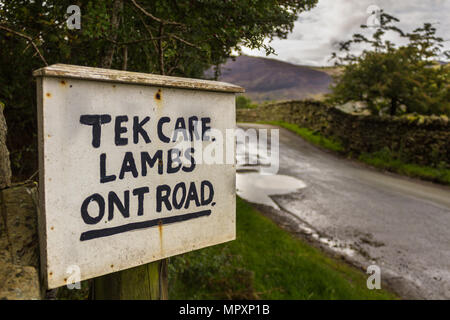 Ein Schild Achtung Leute "Tek Care" in einem nördlichen Akzent. Lake District, England. Stockfoto